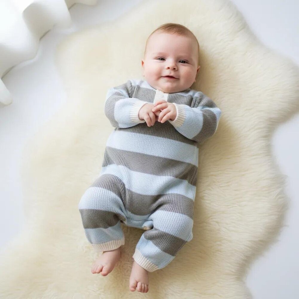 bebe Blue and Gray Striped Knit Romper